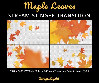 Beautiful autumn stinger transition with yellow, orange, and red maple leaves. Animated Twitch transition for streamers and VTubers to smoothly change scenes, start or end gameplay, and create a cozy seasonal atmosphere