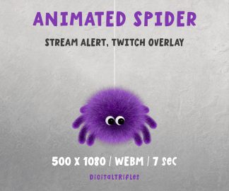 Creepy and cute animated spider alert for Halloween streams for Streamers and VTubers. This purple spider drops down and climbs back up, making it a perfect spooky moment for alerts during your stream