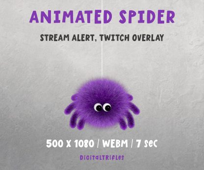 Creepy and cute animated spider alert for Halloween streams for Streamers and VTubers. This purple spider drops down and climbs back up, making it a perfect spooky moment for alerts during your stream