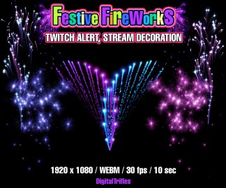 Animated beautiful fireworks, Twitch alert, stream overlay. Festive decoration for streamers and VTubers, fullscreen video effect with transparent background and sound