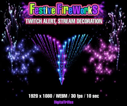Animated beautiful fireworks, Twitch alert, stream overlay. Festive decoration for streamers and VTubers, fullscreen video effect with transparent background and sound