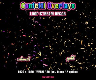 Sparkling confetti gently falls, creating a cheerful party atmosphere. Available in two versions — multicolored and gold. Perfect for decorating Twitch, YouTube, or other streaming setups during celebrations, milestones, or seasonal events