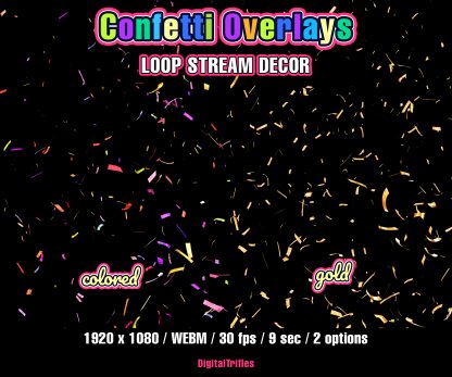 Sparkling confetti gently falls, creating a cheerful party atmosphere. Available in two versions — multicolored and gold. Perfect for decorating Twitch, YouTube, or other streaming setups during celebrations, milestones, or seasonal events