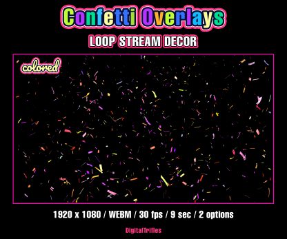 Sparkling confetti gently falls, creating a cheerful party atmosphere. Available in two versions — multicolored and gold. Perfect for decorating Twitch, YouTube, or other streaming setups during celebrations, milestones, or seasonal events