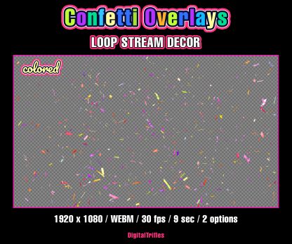 Sparkling confetti gently falls, creating a cheerful party atmosphere. Available in two versions — multicolored and gold. Perfect for decorating Twitch, YouTube, or other streaming setups during celebrations, milestones, or seasonal events