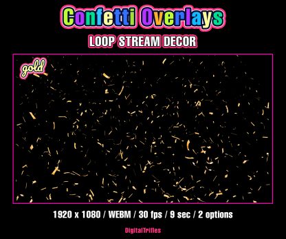 Sparkling confetti gently falls, creating a cheerful party atmosphere. Available in two versions — multicolored and gold. Perfect for decorating Twitch, YouTube, or other streaming setups during celebrations, milestones, or seasonal events