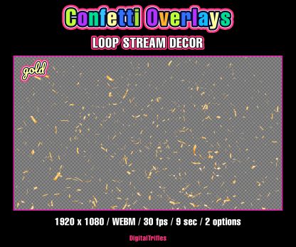 Sparkling confetti gently falls, creating a cheerful party atmosphere. Available in two versions — multicolored and gold. Perfect for decorating Twitch, YouTube, or other streaming setups during celebrations, milestones, or seasonal events
