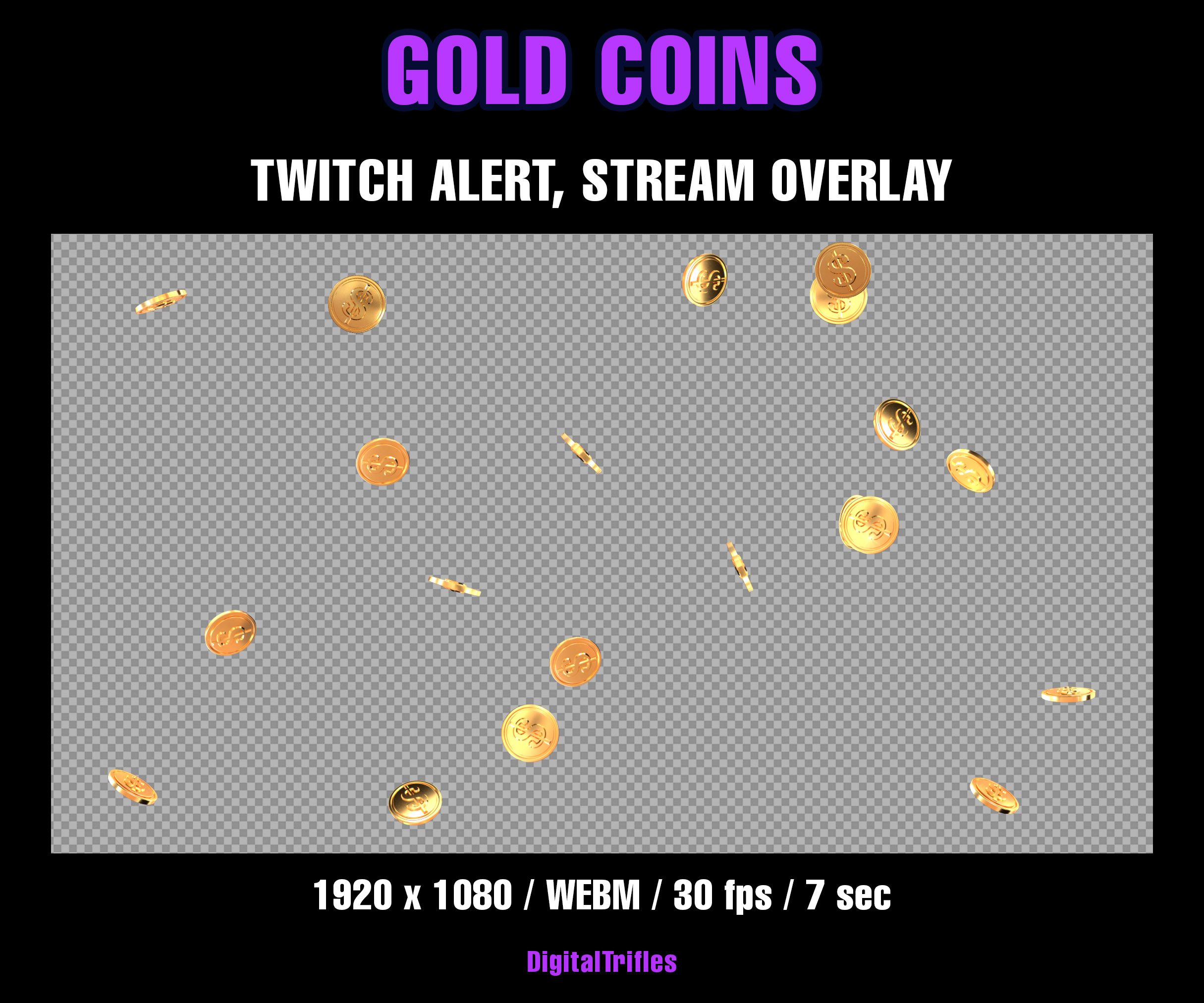 Animated gold coins falling across the screen — a perfect stream overlay, fullscreen Twitch alert with a transparent background. This animation works great for celebrating donations, tips, or big wins