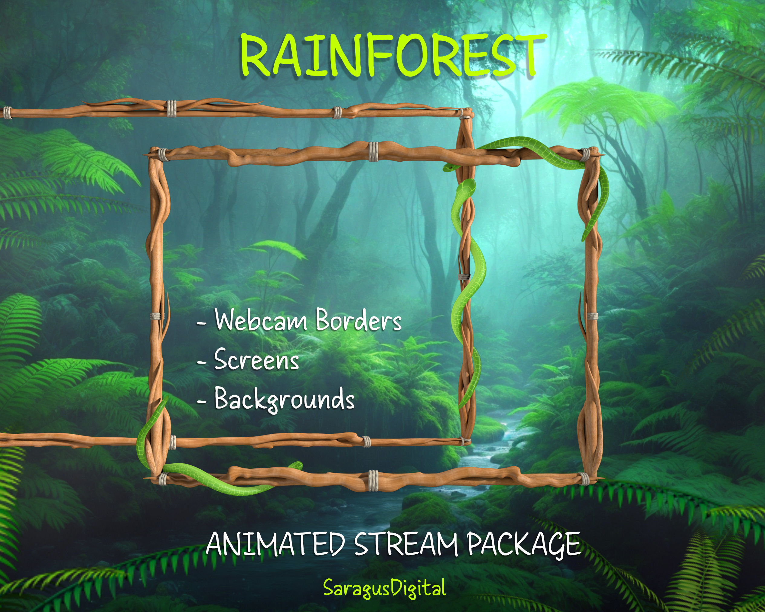 Rainforest with snakes — animated stream overlay pack featuring seamlessly looping game frames, webcam borders, screens (Starting Soon, Be Right Back, Stream Ending, Offline), and a virtual background without text