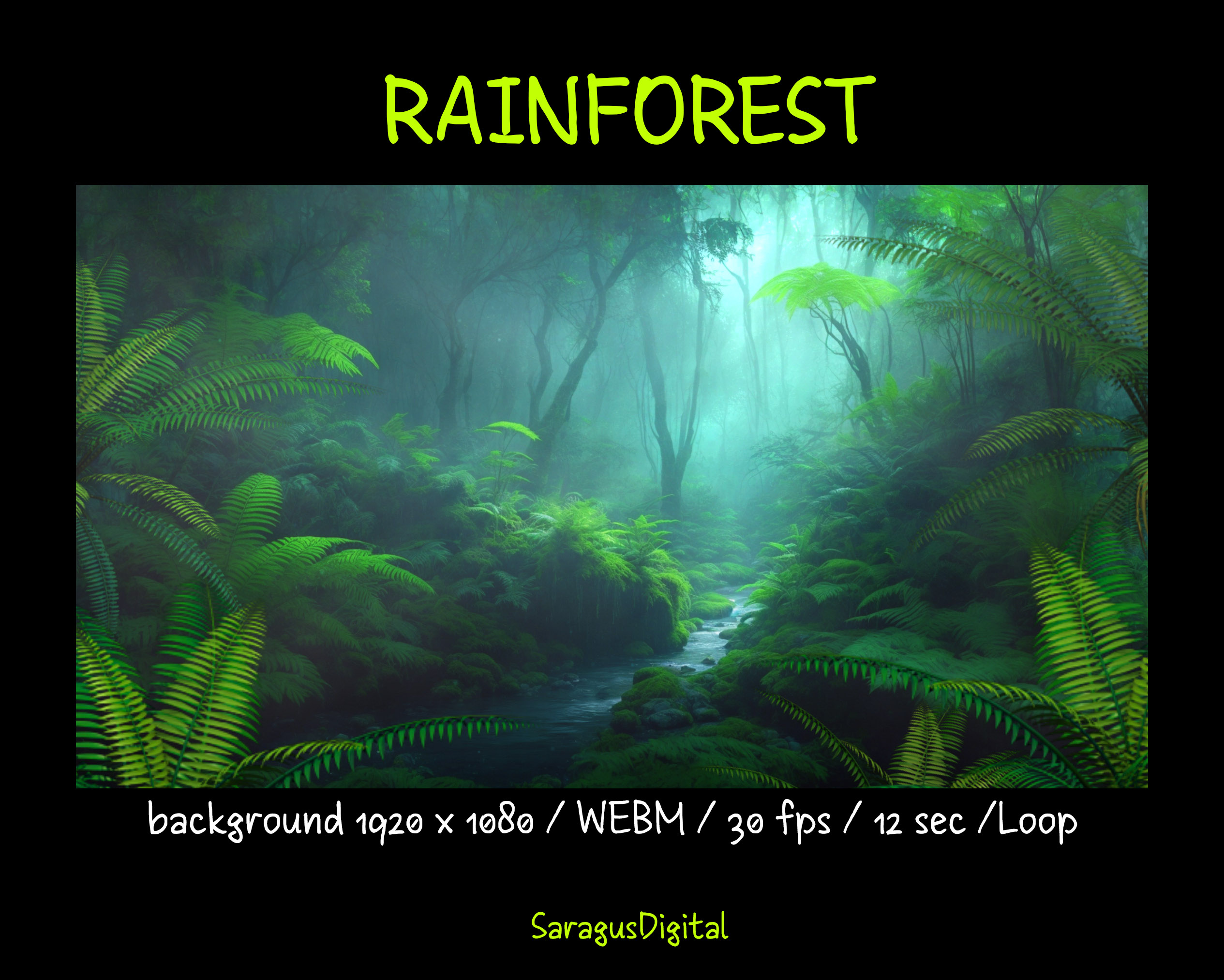 Rainforest with snakes — animated stream overlay pack featuring seamlessly looping game frames, webcam borders, screens (Starting Soon, Be Right Back, Stream Ending, Offline), and a virtual background without text