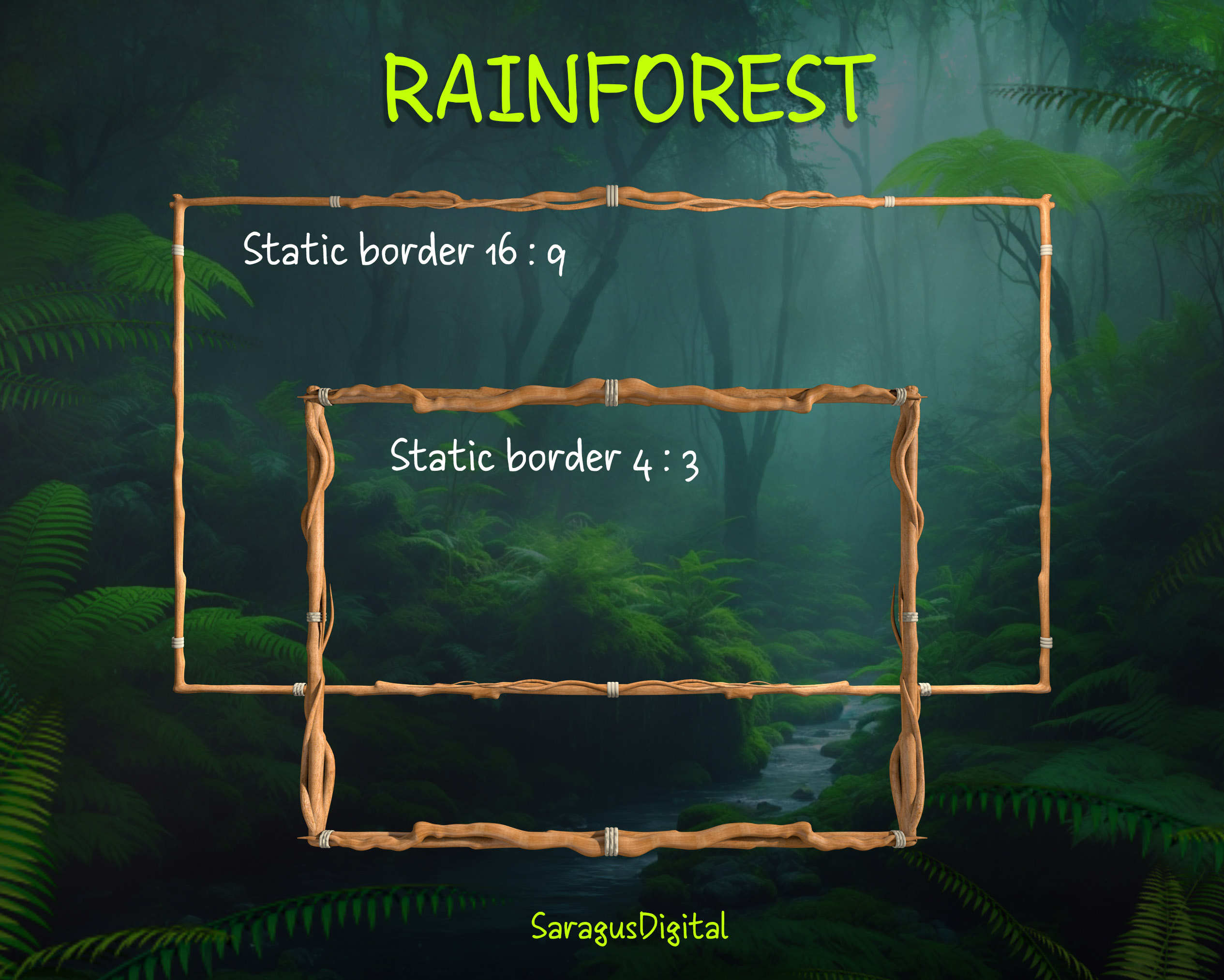 Rainforest with snakes — animated stream overlay pack featuring seamlessly looping game frames, webcam borders, screens (Starting Soon, Be Right Back, Stream Ending, Offline), and a virtual background without text