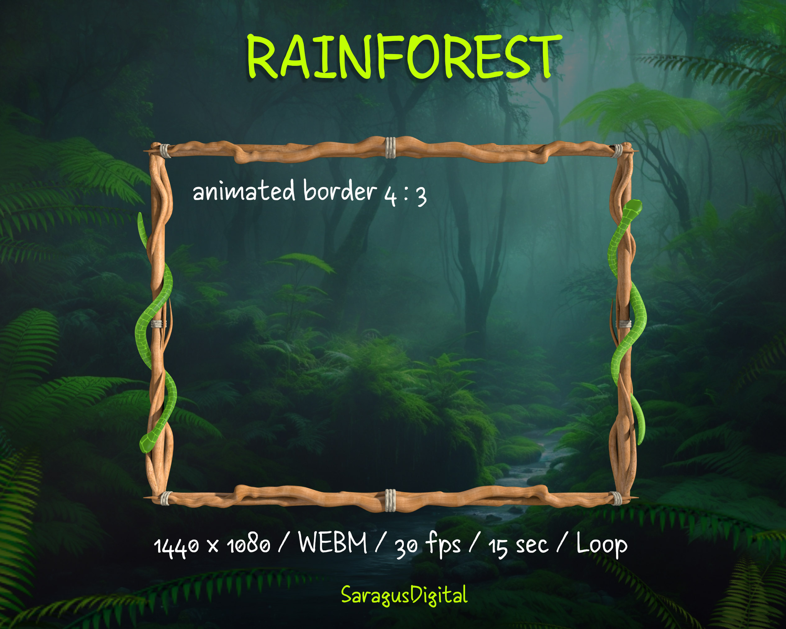 Rainforest with snakes — animated stream overlay pack featuring seamlessly looping game frames, webcam borders, screens (Starting Soon, Be Right Back, Stream Ending, Offline), and a virtual background without text