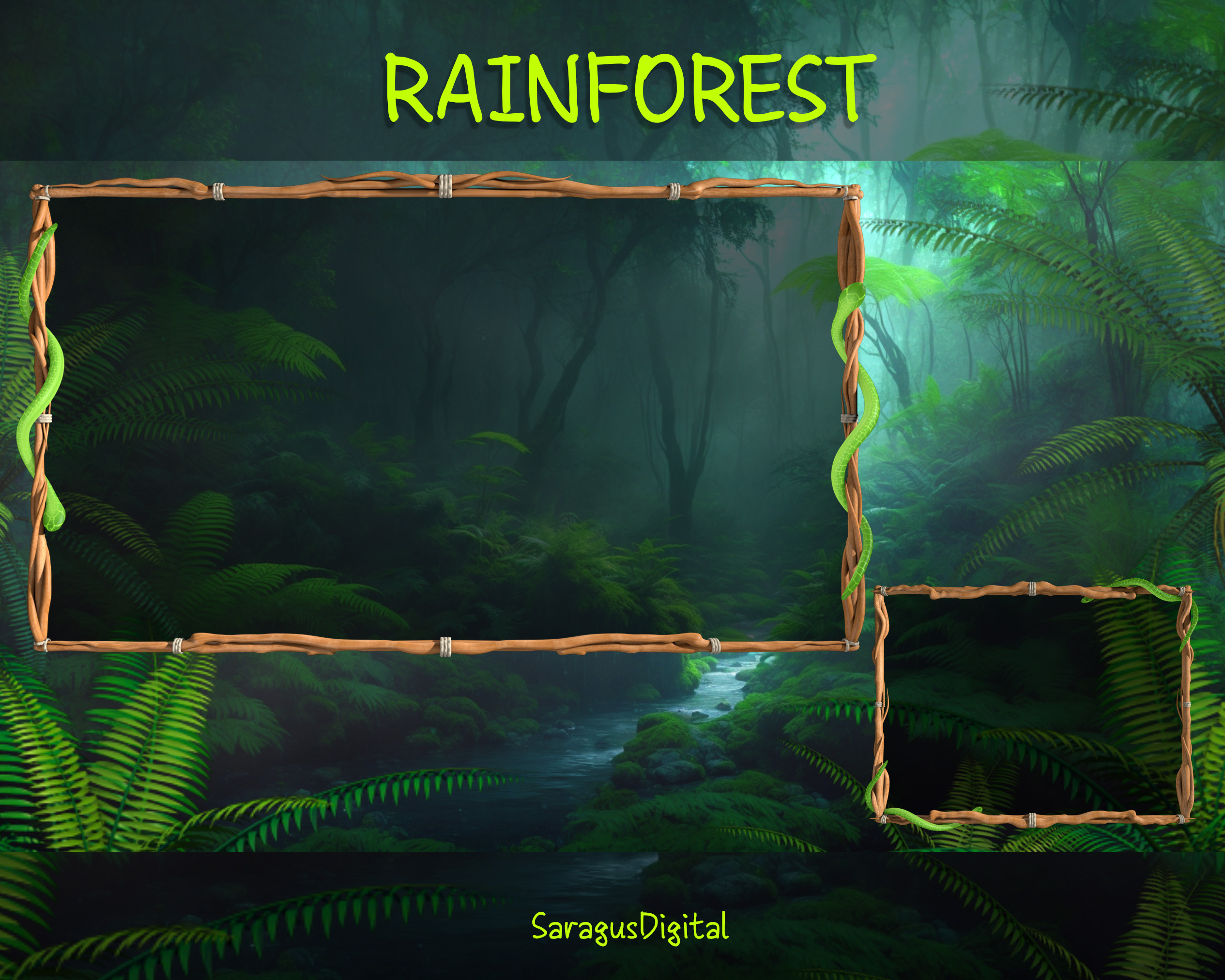 Rainforest with snakes — animated stream overlay pack featuring seamlessly looping game frames, webcam borders, screens (Starting Soon, Be Right Back, Stream Ending, Offline), and a virtual background without text
