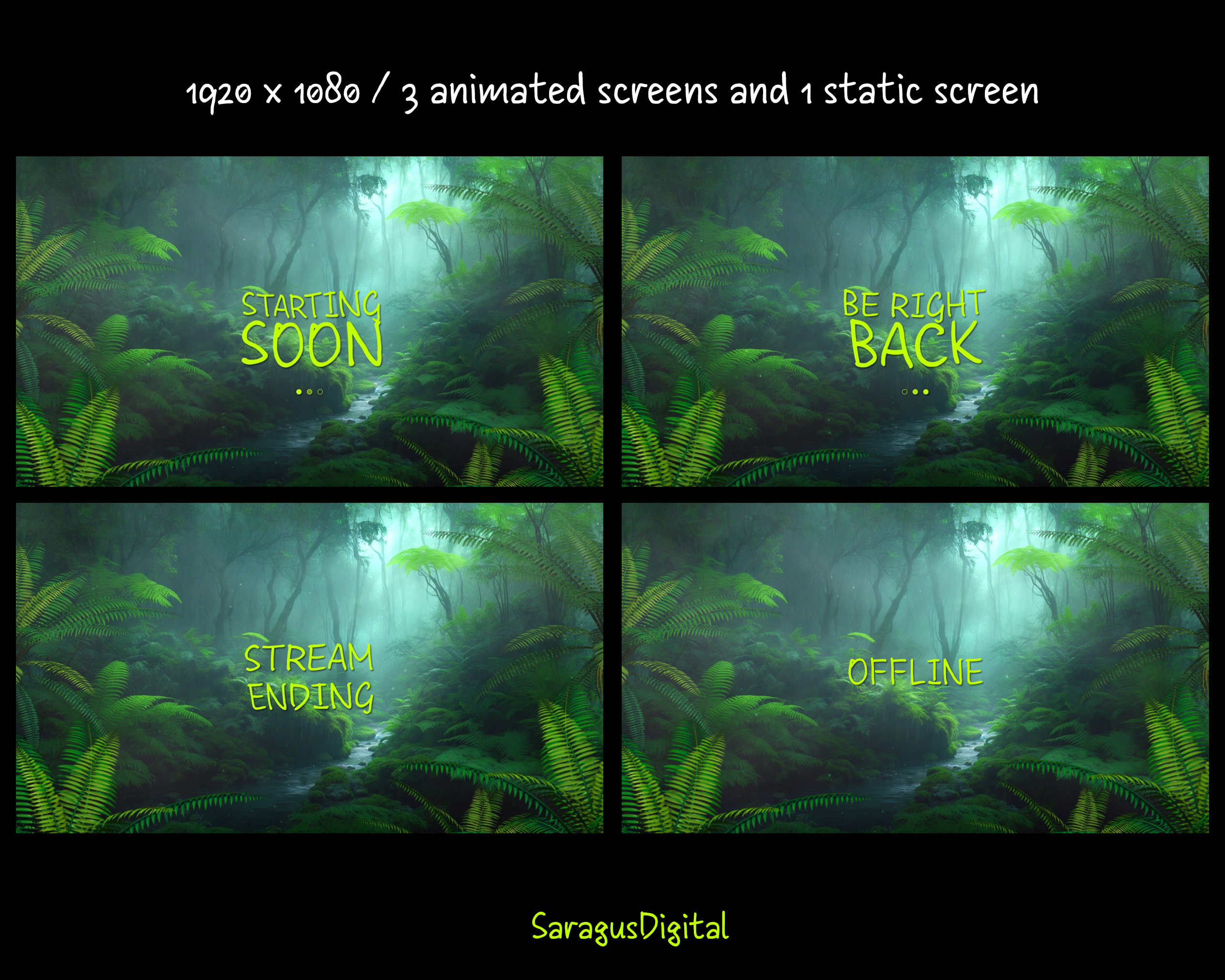Rainforest with snakes — animated stream overlay pack featuring seamlessly looping game frames, webcam borders, screens (Starting Soon, Be Right Back, Stream Ending, Offline), and a virtual background without text