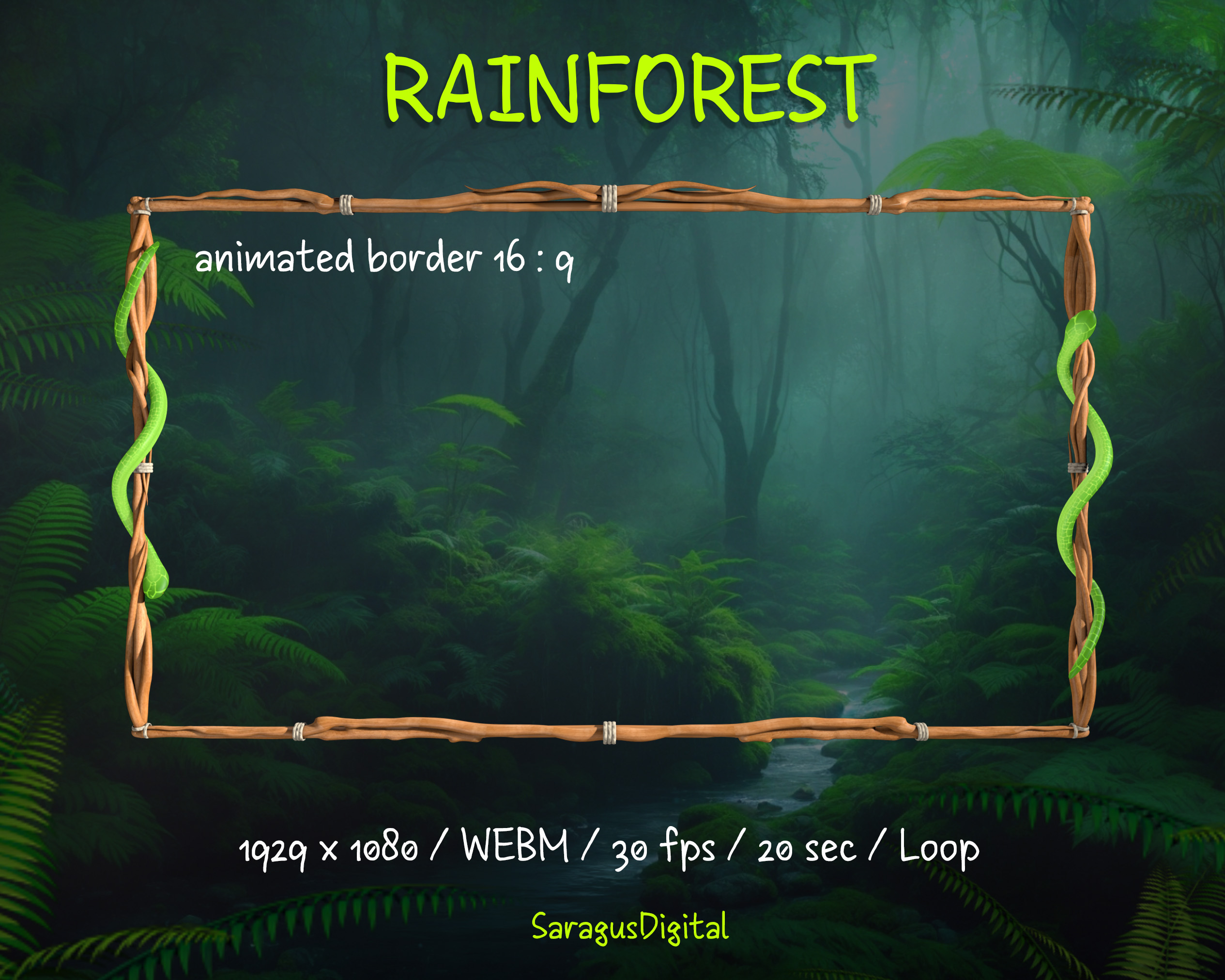 Rainforest with snakes — animated stream overlay pack featuring seamlessly looping game frames, webcam borders, screens (Starting Soon, Be Right Back, Stream Ending, Offline), and a virtual background without text