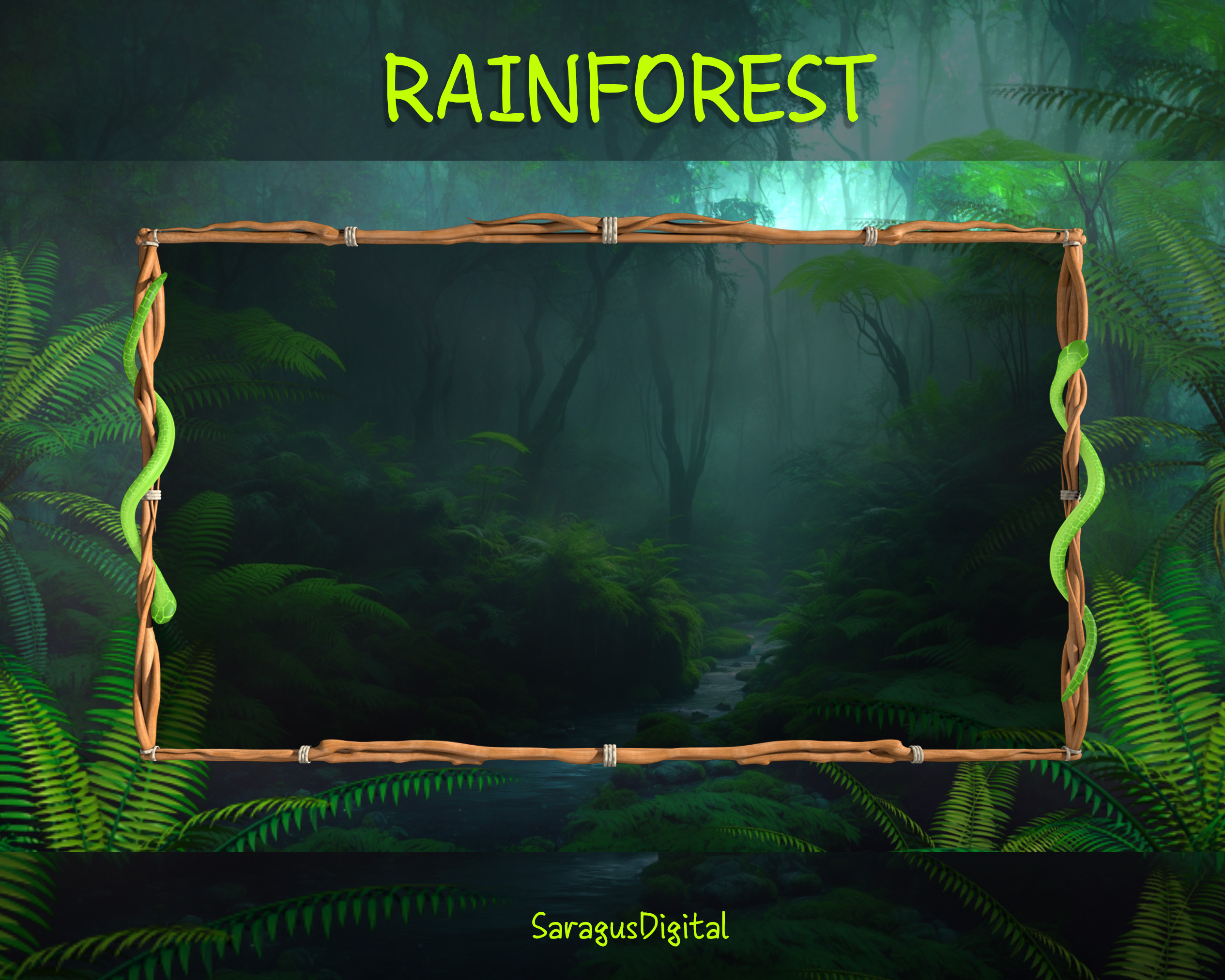 Rainforest with snakes — animated stream overlay pack featuring seamlessly looping game frames, webcam borders, screens (Starting Soon, Be Right Back, Stream Ending, Offline), and a virtual background without text