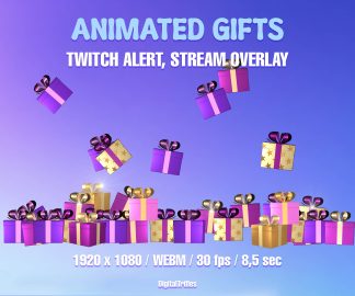 Animated gifts falling across the screen — a perfect Twitch alert or stream overlay for celebrating holidays, gift subscriptions, donations, tips, or special moments