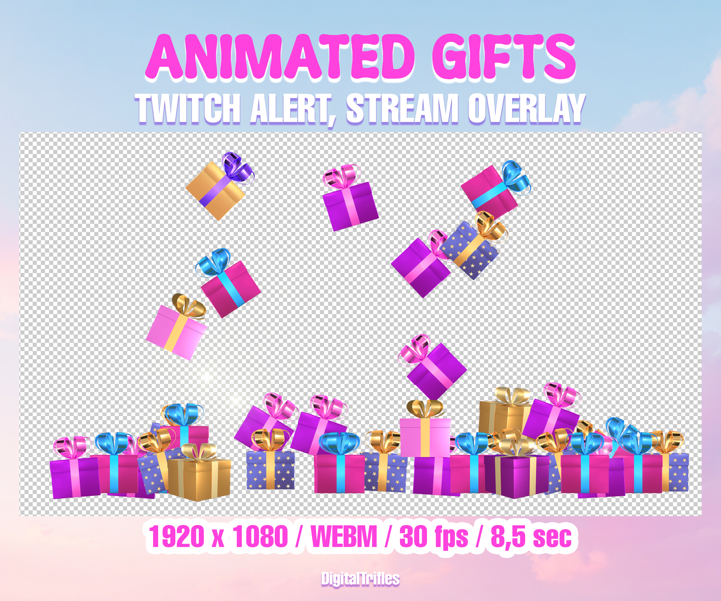 animated Twitch stream alert with colorful falling gifts is perfect for celebrating events, from new subs to raids, and boosting engagement