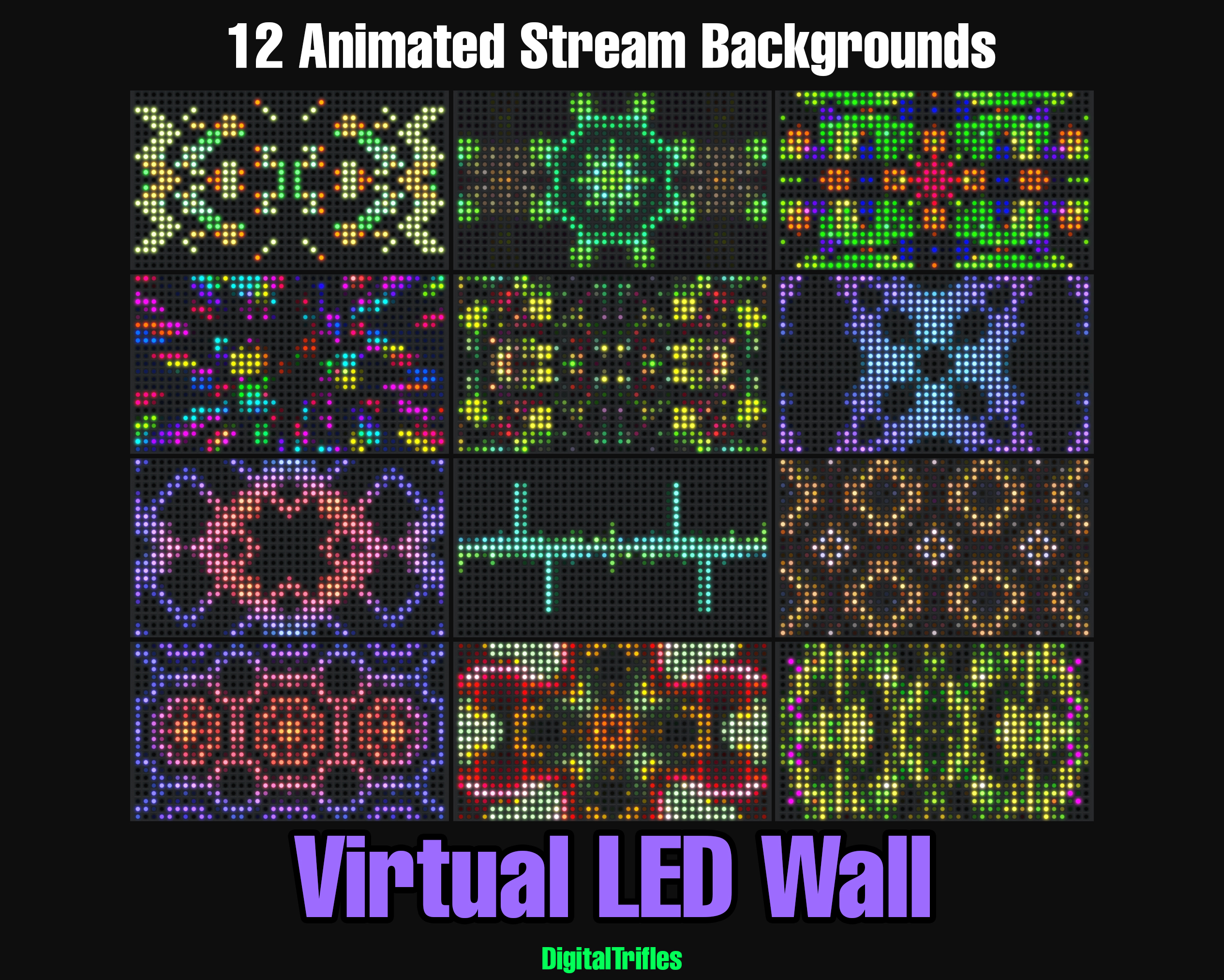 Animated virtual backgrounds for streamers and VTubers — 12 realistic LED wall effects with colorful abstract patterns. Perfect for dj party, karaoke, performance, concert, music stream, or any scene that needs vibrant stage visuals
