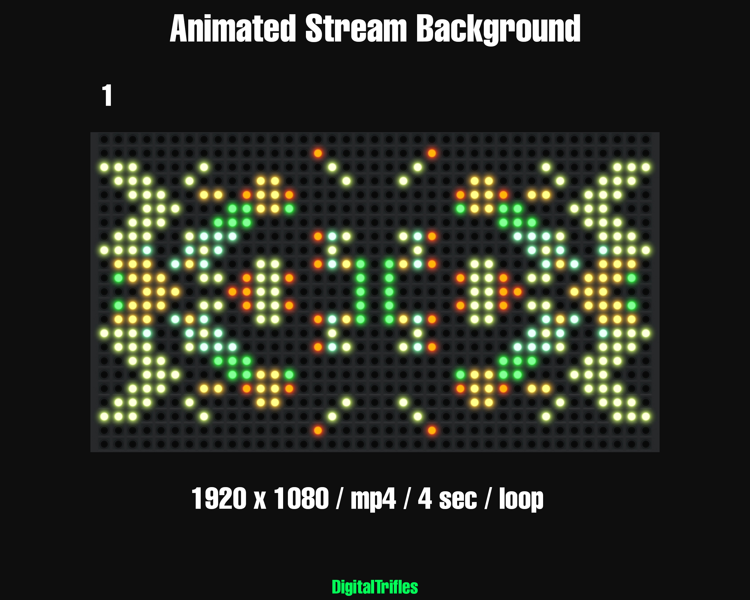 Animated virtual backgrounds for streamers and VTubers — 12 realistic LED wall effects with colorful abstract patterns. Perfect for dj party, karaoke, performance, concert, music stream, or any scene that needs vibrant stage visuals