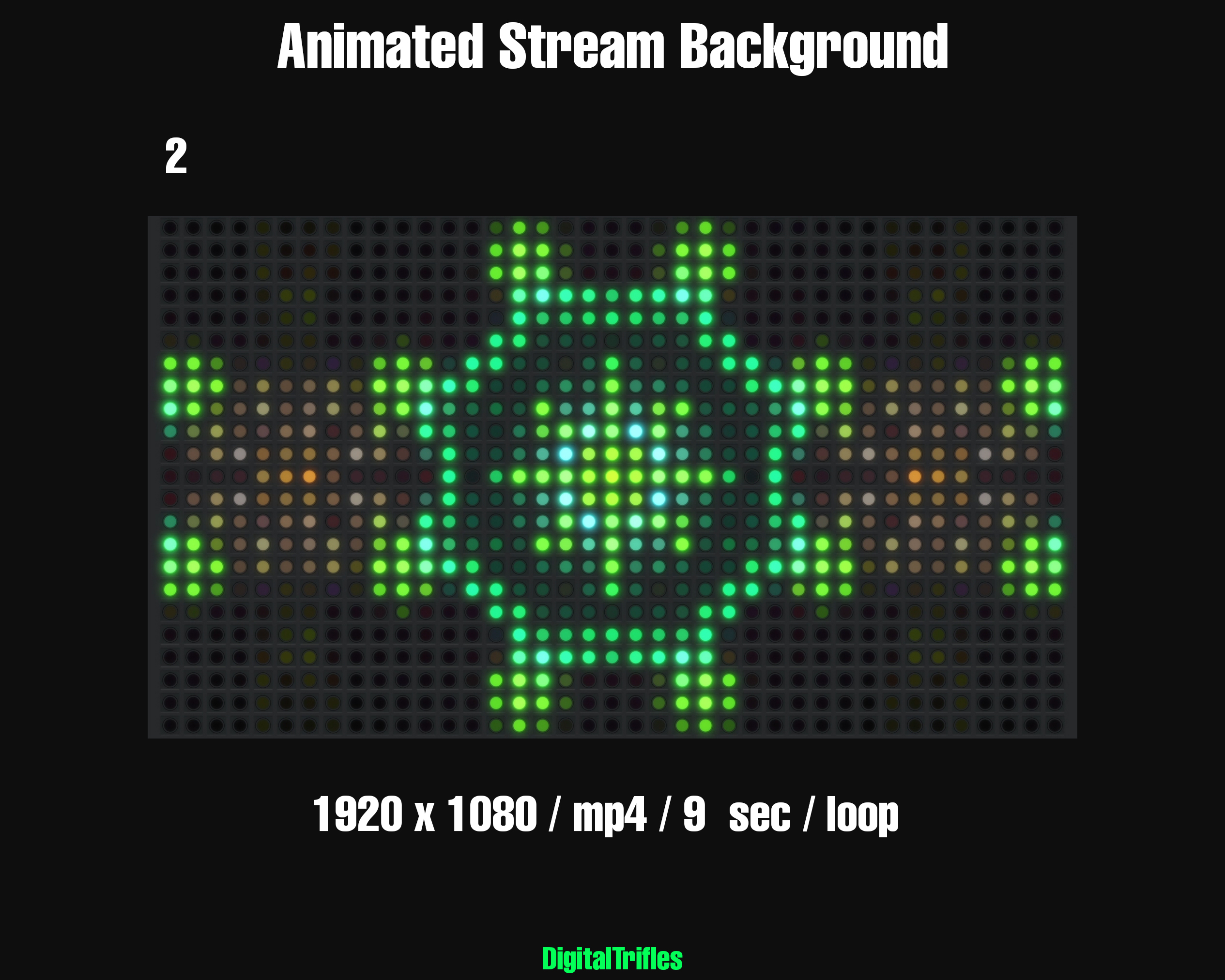 Animated virtual backgrounds for streamers and VTubers — 12 realistic LED wall effects with colorful abstract patterns. Perfect for dj party, karaoke, performance, concert, music stream, or any scene that needs vibrant stage visuals