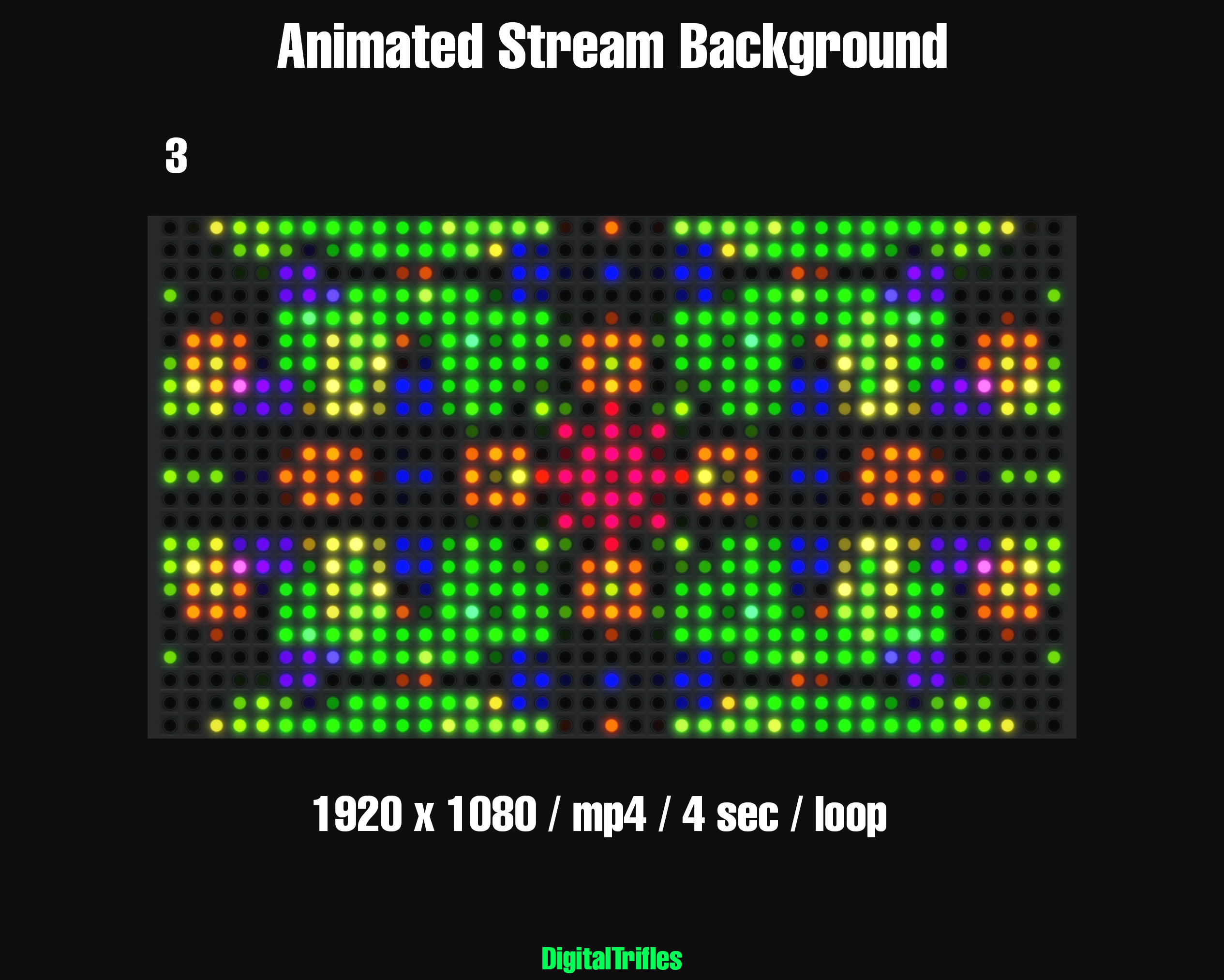 Animated virtual backgrounds for streamers and VTubers — 12 realistic LED wall effects with colorful abstract patterns. Perfect for dj party, karaoke, performance, concert, music stream, or any scene that needs vibrant stage visuals