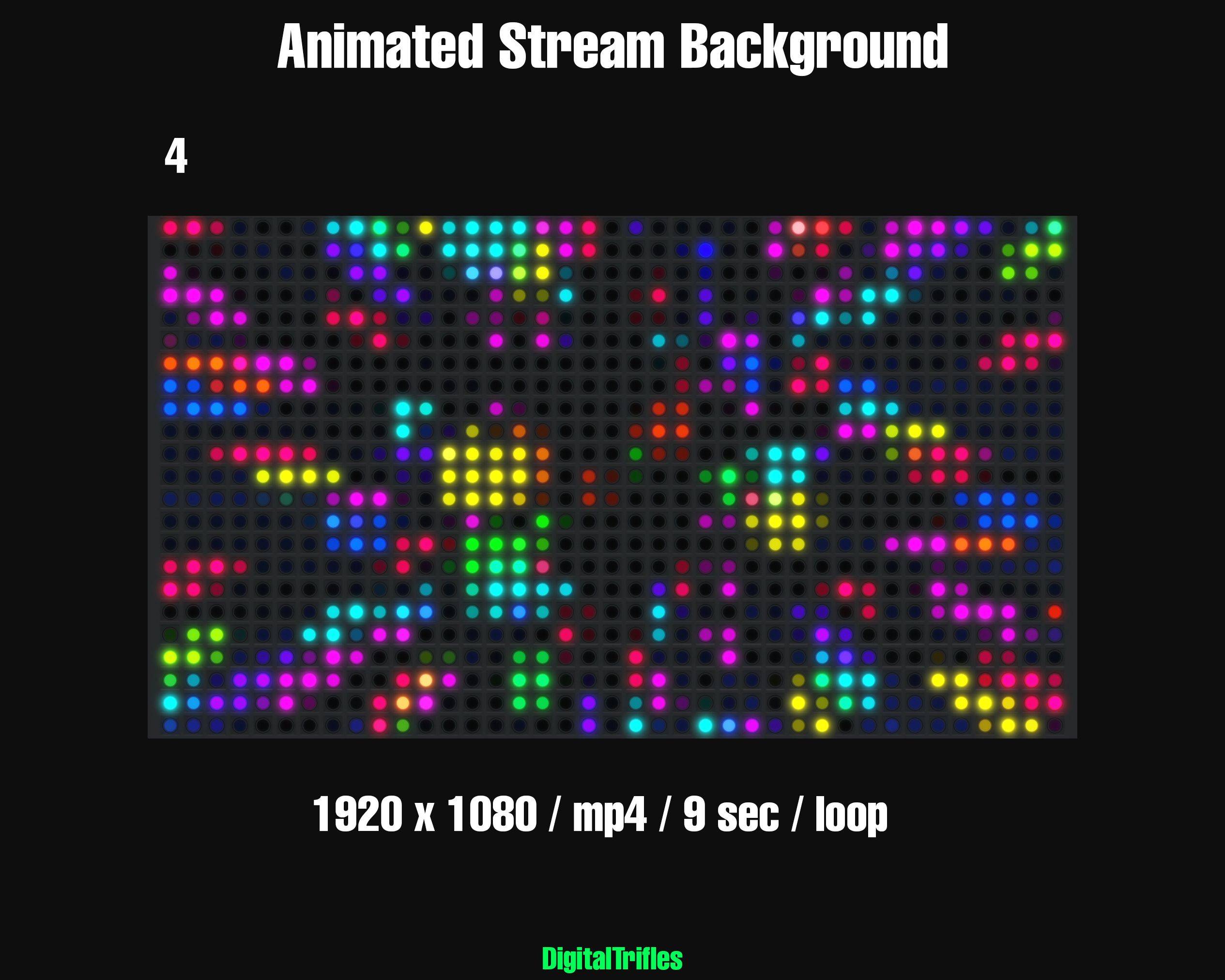 Animated virtual backgrounds for streamers and VTubers — 12 realistic LED wall effects with colorful abstract patterns. Perfect for dj party, karaoke, performance, concert, music stream, or any scene that needs vibrant stage visuals