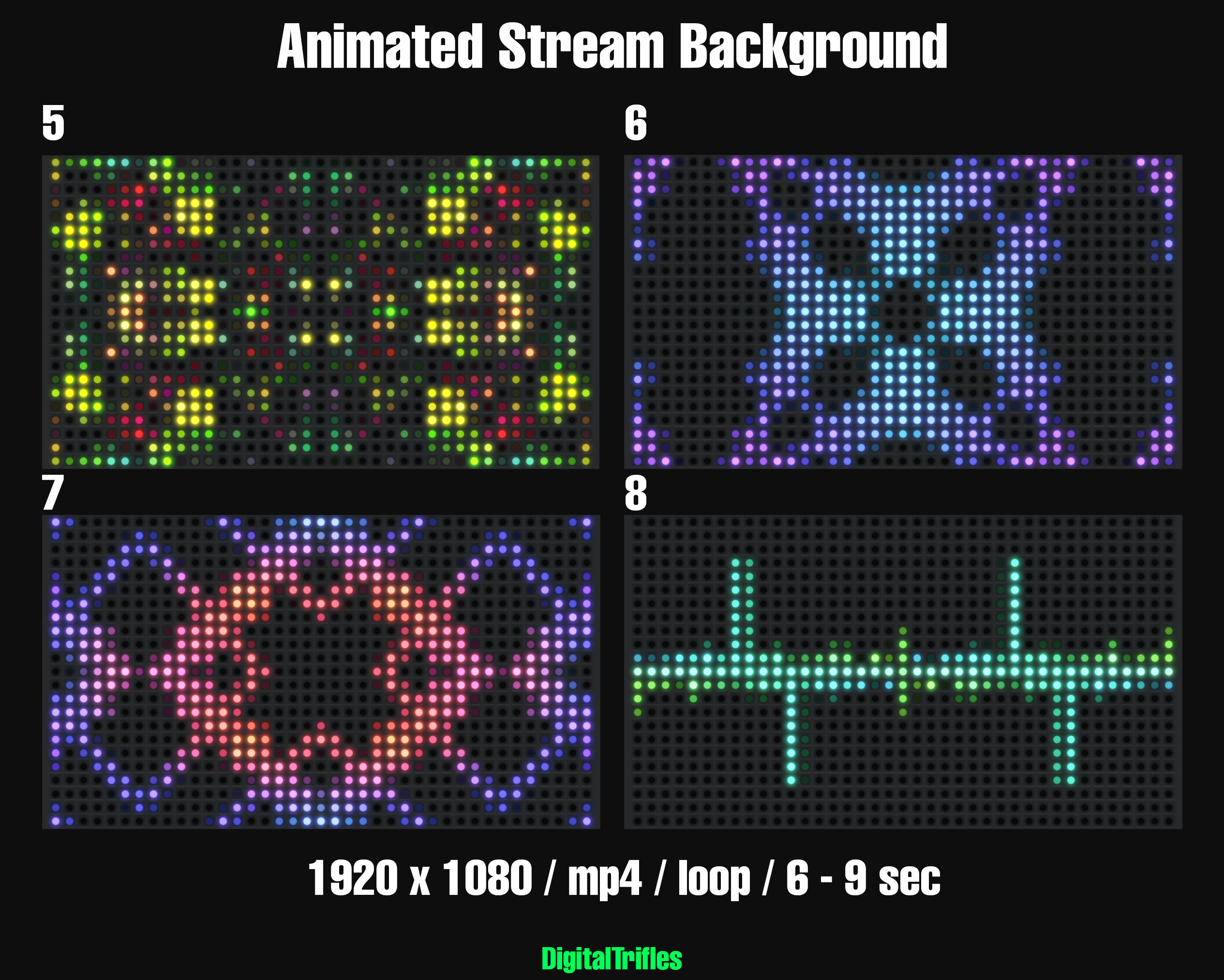 Animated virtual backgrounds for streamers and VTubers — 12 realistic LED wall effects with colorful abstract patterns. Perfect for dj party, karaoke, performance, concert, music stream, or any scene that needs vibrant stage visuals
