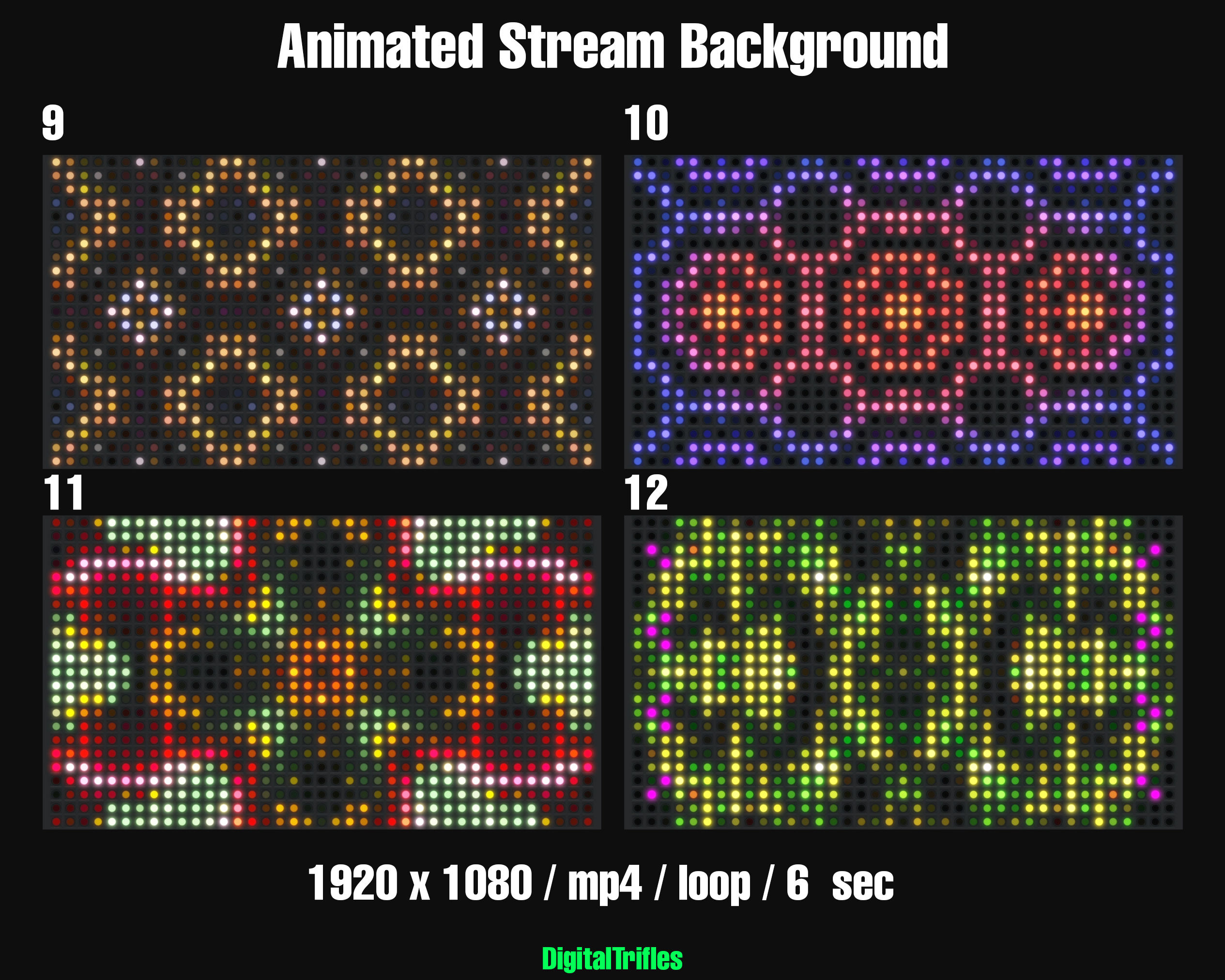 Animated virtual backgrounds for streamers and VTubers — 12 realistic LED wall effects with colorful abstract patterns. Perfect for dj party, karaoke, performance, concert, music stream, or any scene that needs vibrant stage visuals