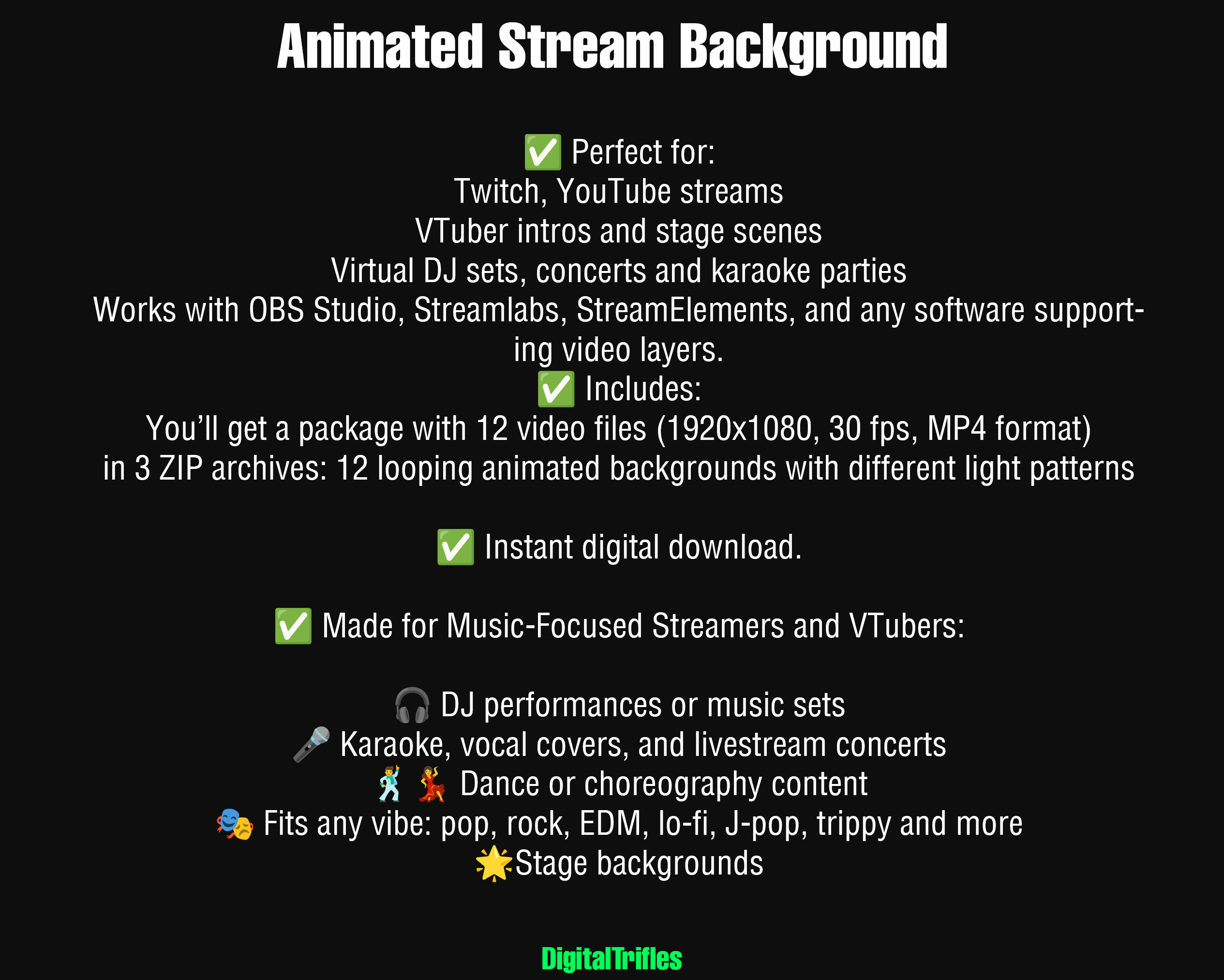 Animated virtual backgrounds for streamers and VTubers — 12 realistic LED wall effects with colorful abstract patterns. Perfect for dj party, karaoke, performance, concert, music stream, or any scene that needs vibrant stage visuals