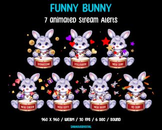 This set of 7 animated stream alerts features a cute anime-style bunny drumming and popping out hearts, stars, tiny bunnies, and other playful elements