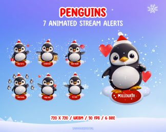 7 animated stream alerts with penguins. Created for stream events such as followers, subscribers, raids, cheers, and more, these alerts add a friendly accent to streams for streamers and VTubers