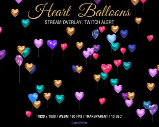 Animated Twitch overlay with love heart balloons, a cute aesthetic stream alert and fullscreen decoration with a transparent background