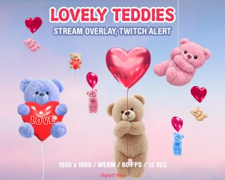 Cute animated teddy bears flying on heart-shaped balloons — a cozy festive stream decoration and full-screen Twitch alert for birthdays, Valentine’s Day, and friendship parties