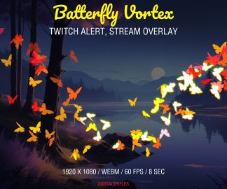 Butterfly flight, Twitch overlay, full-screen alert and stream decoration with transparent background. This animated alert features a swirling vortex of bright butterflies, creating a magical moment on your stream