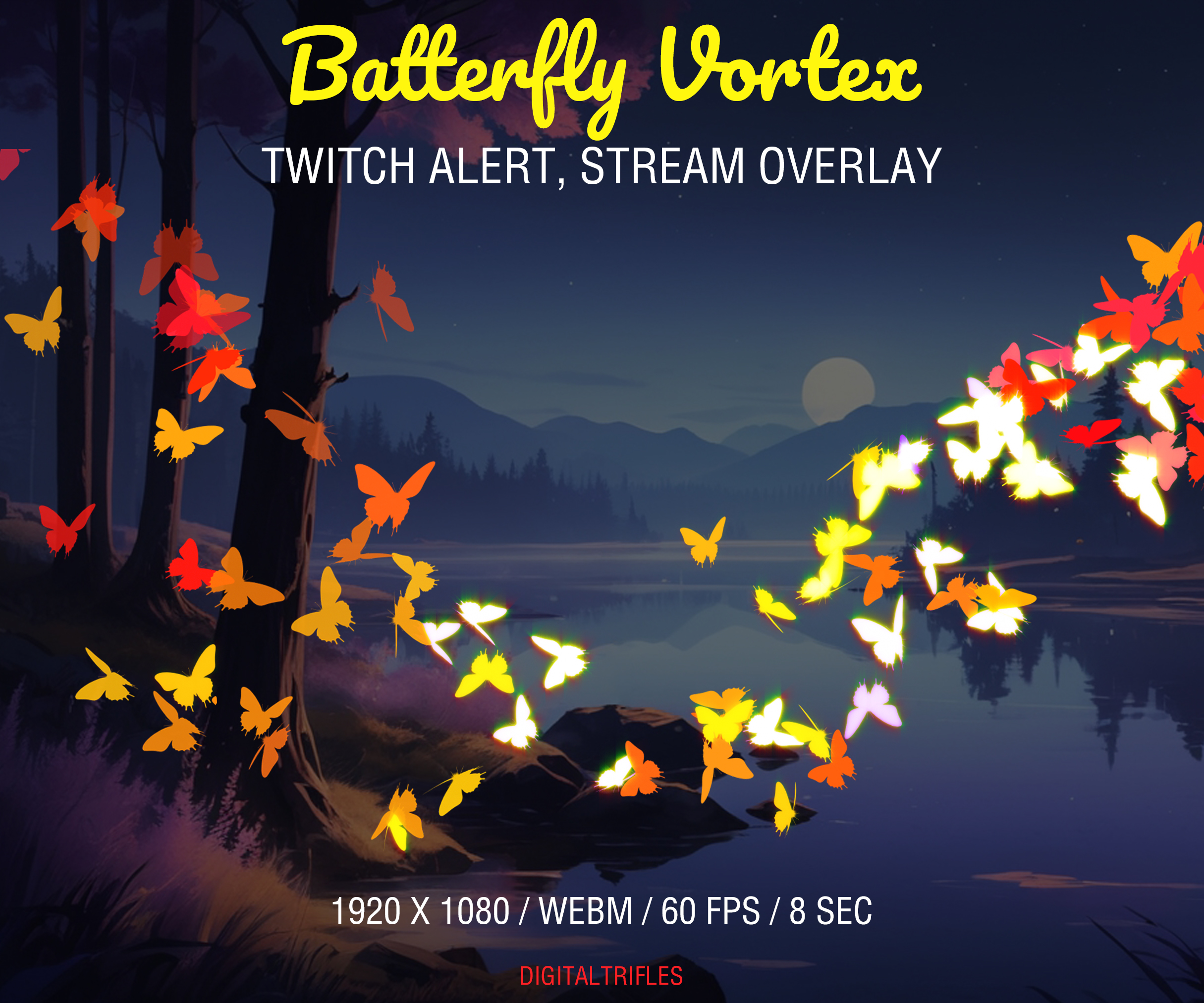 Butterfly flight, Twitch overlay, full-screen alert and stream decoration with transparent background. This animated alert features a swirling vortex of bright butterflies, creating a magical moment on your stream