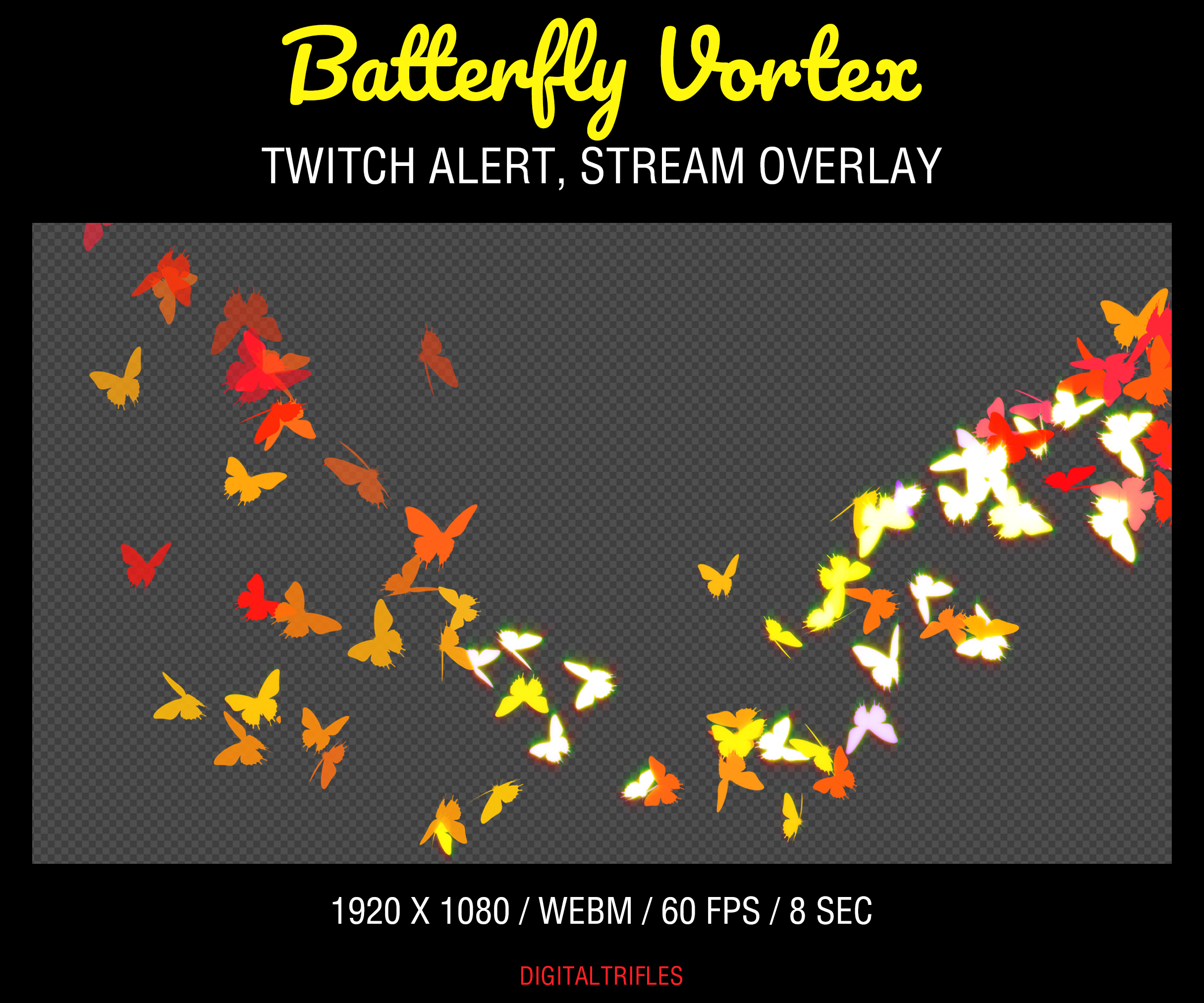 Butterfly flight, Twitch overlay, full-screen alert and stream decoration with transparent background. This animated alert features a swirling vortex of bright butterflies, creating a magical moment on your stream