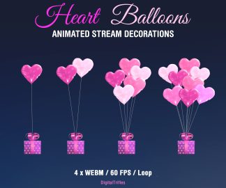 Short description/ALT: Animated Twitch overlay with pink heart balloons - 4 options - one, two, five and many balloons. Cute stream decoration with a transparent background