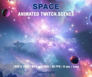 Animated Galaxy theme Twitch overlays with space visuals and sci-fi atmosphere. Colorful cosmic Twitch screens with animated and static stream scenes: Starting Soon, Be Right Back, Stream Ending, Offline, and a separate virtual background without text