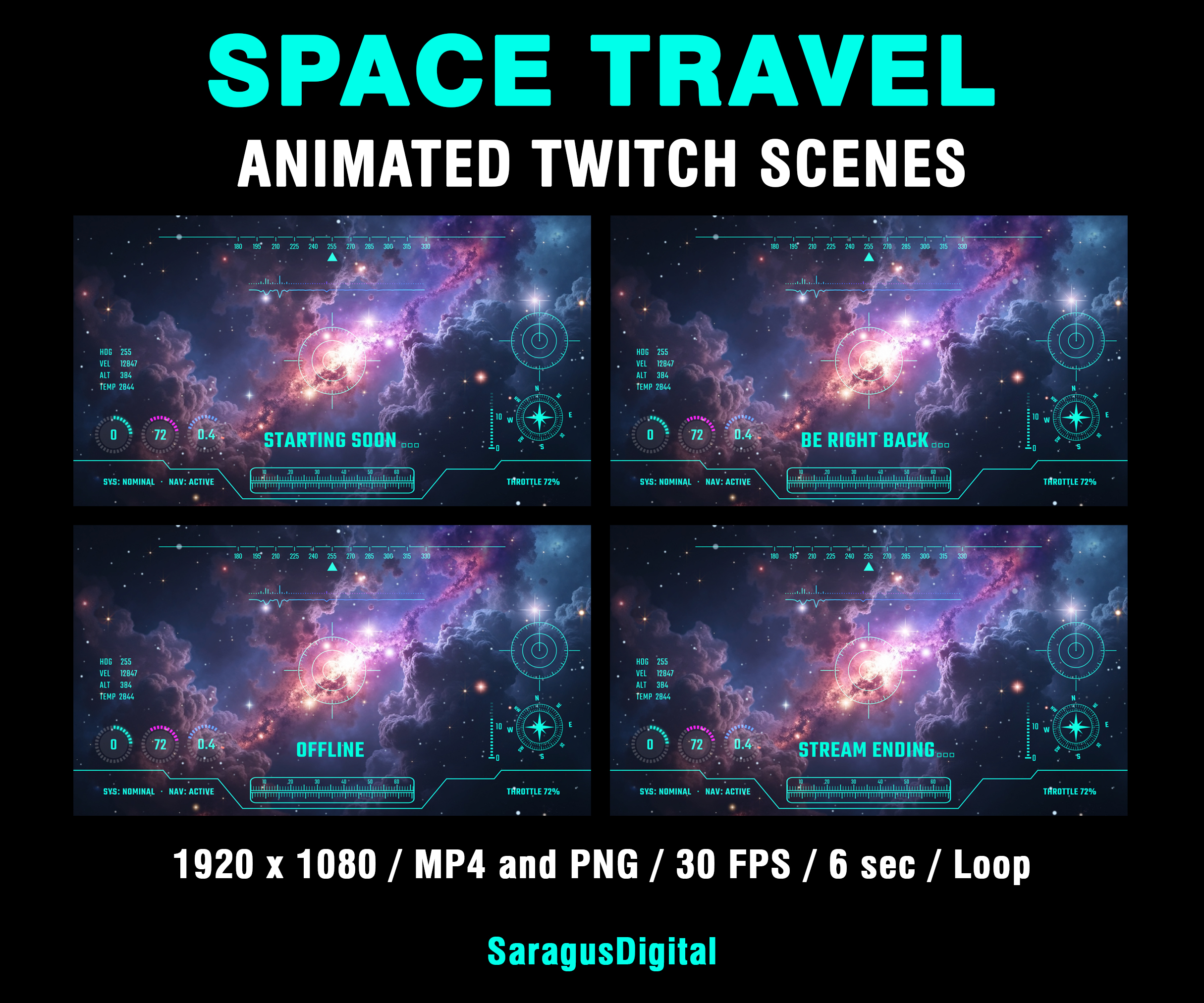 A complete set of animated sci-fi stream screens and backgrounds for streamers and VTubers who want a deep-space, spaceship cockpit and high-tech vibe on their channel. The pack includes Starting Soon, BRB, Stream Ending, Offline screens and two space backgrounds — one with a cinematic HUD instrument panel overlay and one clean — animated MP4 and static PNG versions