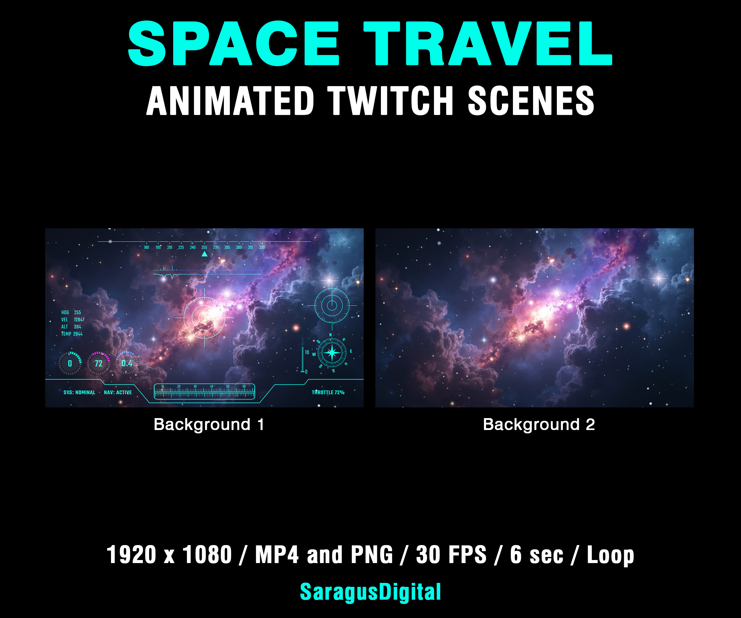 A complete set of animated sci-fi stream screens and backgrounds for streamers and VTubers who want a deep-space, spaceship cockpit and high-tech vibe on their channel. The pack includes Starting Soon, BRB, Stream Ending, Offline screens and two space backgrounds — one with a cinematic HUD instrument panel overlay and one clean — animated MP4 and static PNG versions