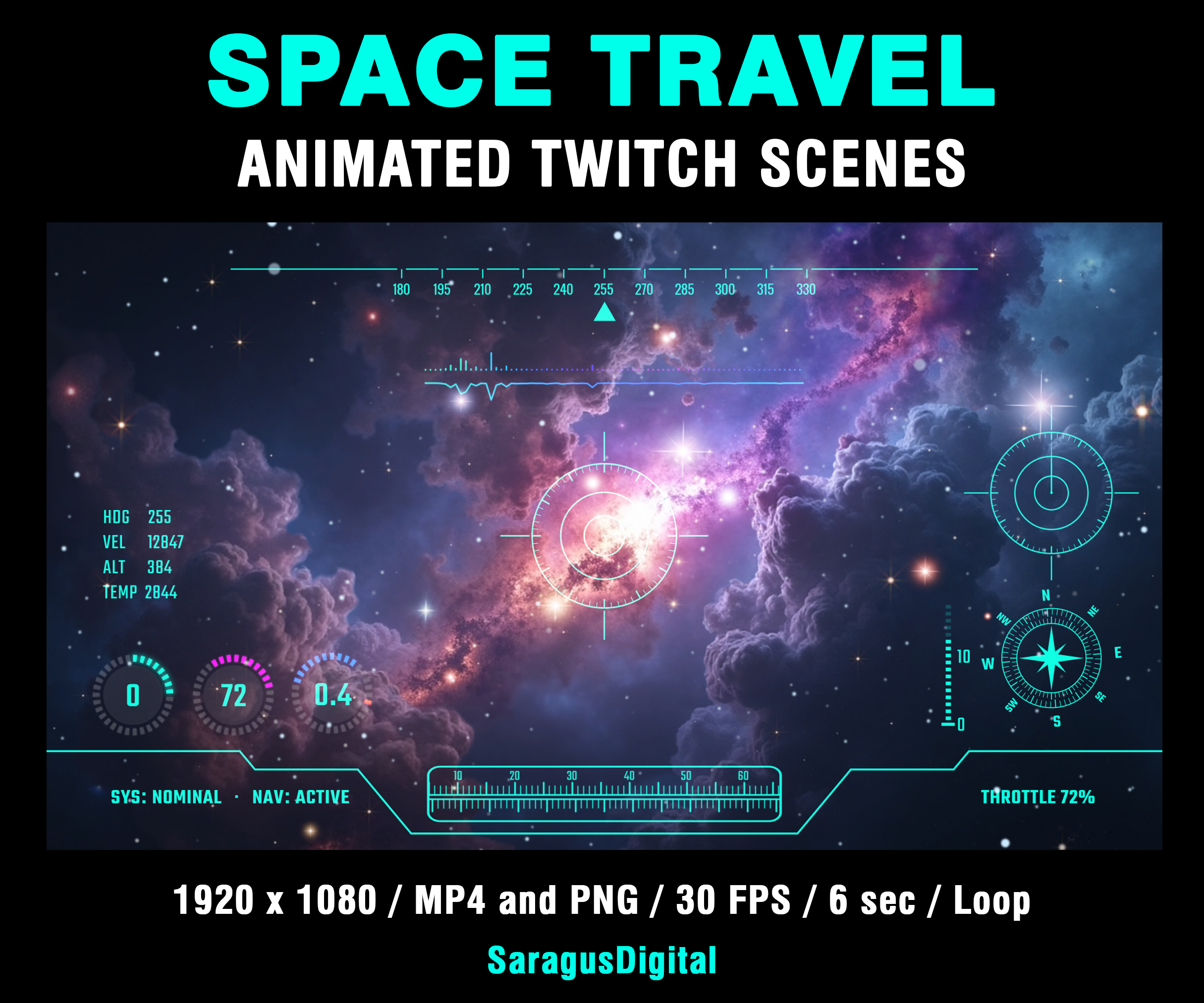 A complete set of animated sci-fi stream screens and backgrounds for streamers and VTubers who want a deep-space, spaceship cockpit and high-tech vibe on their channel. The pack includes Starting Soon, BRB, Stream Ending, Offline screens and two space backgrounds — one with a cinematic HUD instrument panel overlay and one clean — animated MP4 and static PNG versions