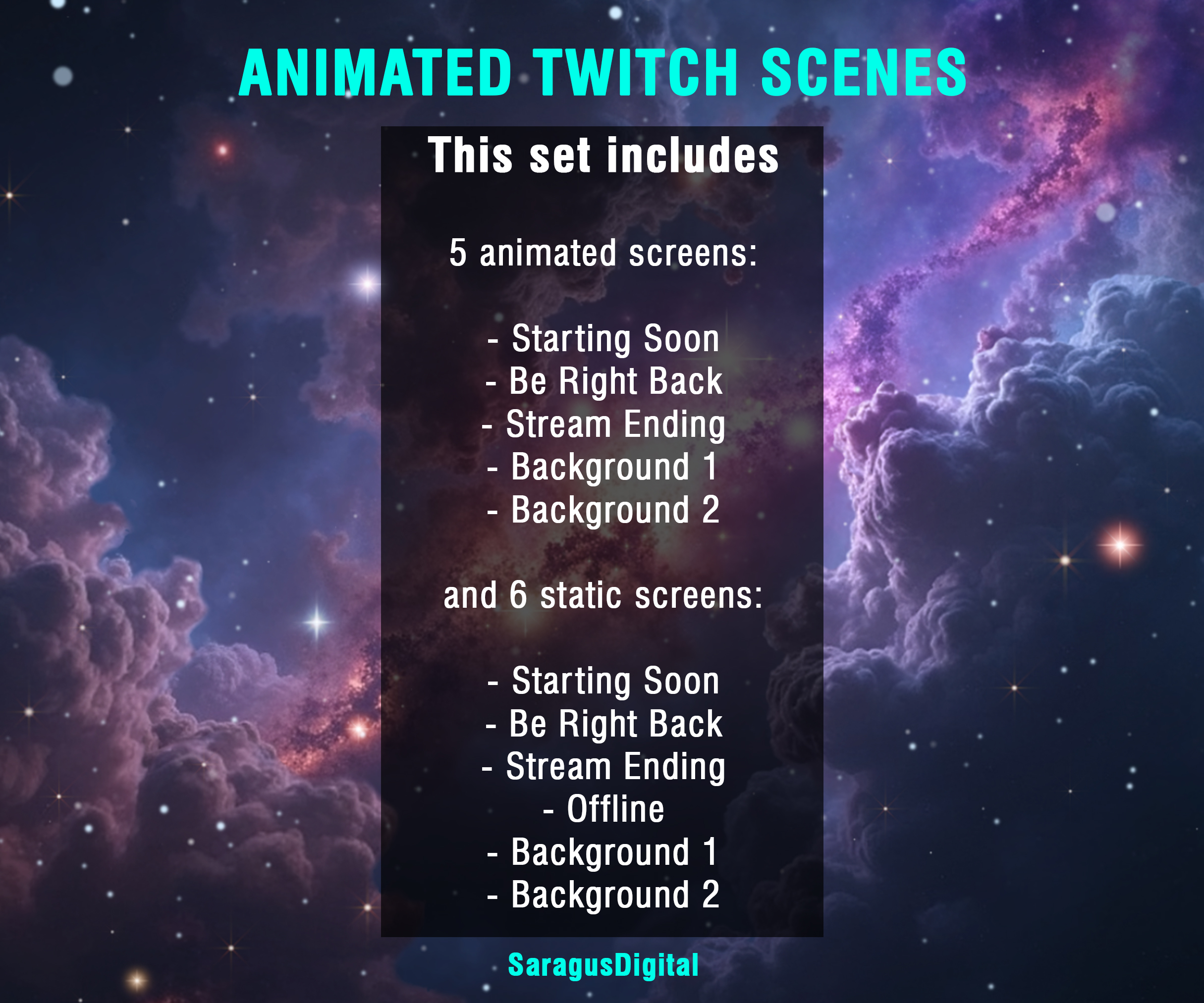 A complete set of animated sci-fi stream screens and backgrounds for streamers and VTubers who want a deep-space, spaceship cockpit and high-tech vibe on their channel. The pack includes Starting Soon, BRB, Stream Ending, Offline screens and two space backgrounds — one with a cinematic HUD instrument panel overlay and one clean — animated MP4 and static PNG versions