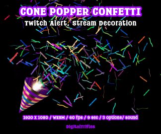 Animated confetti cannon stream alert for streamers and VTubers — WEBM with transparent background and sound, 3 layout options