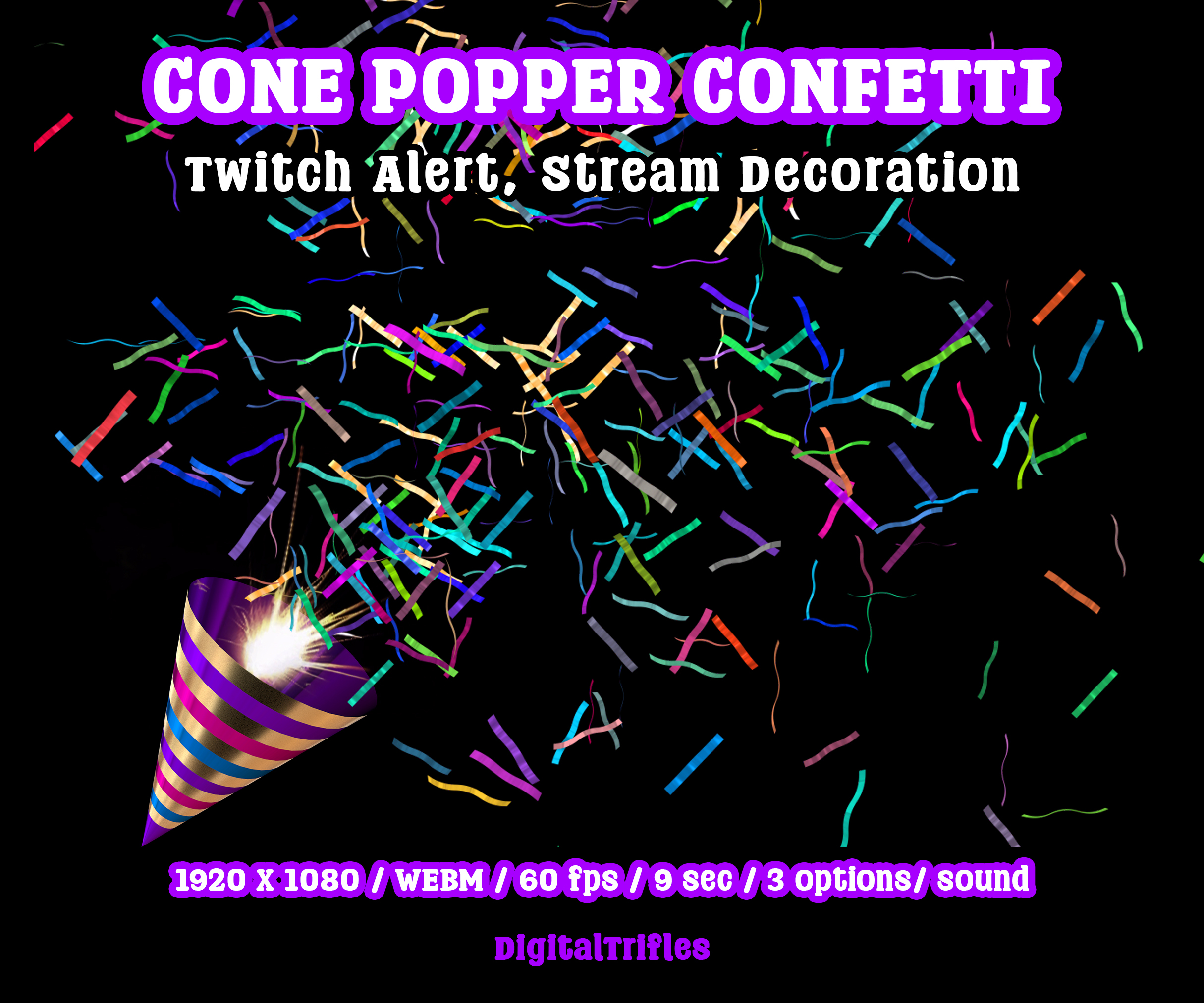 Animated confetti cannon stream alert for streamers and VTubers — WEBM with transparent background and sound, 3 layout options