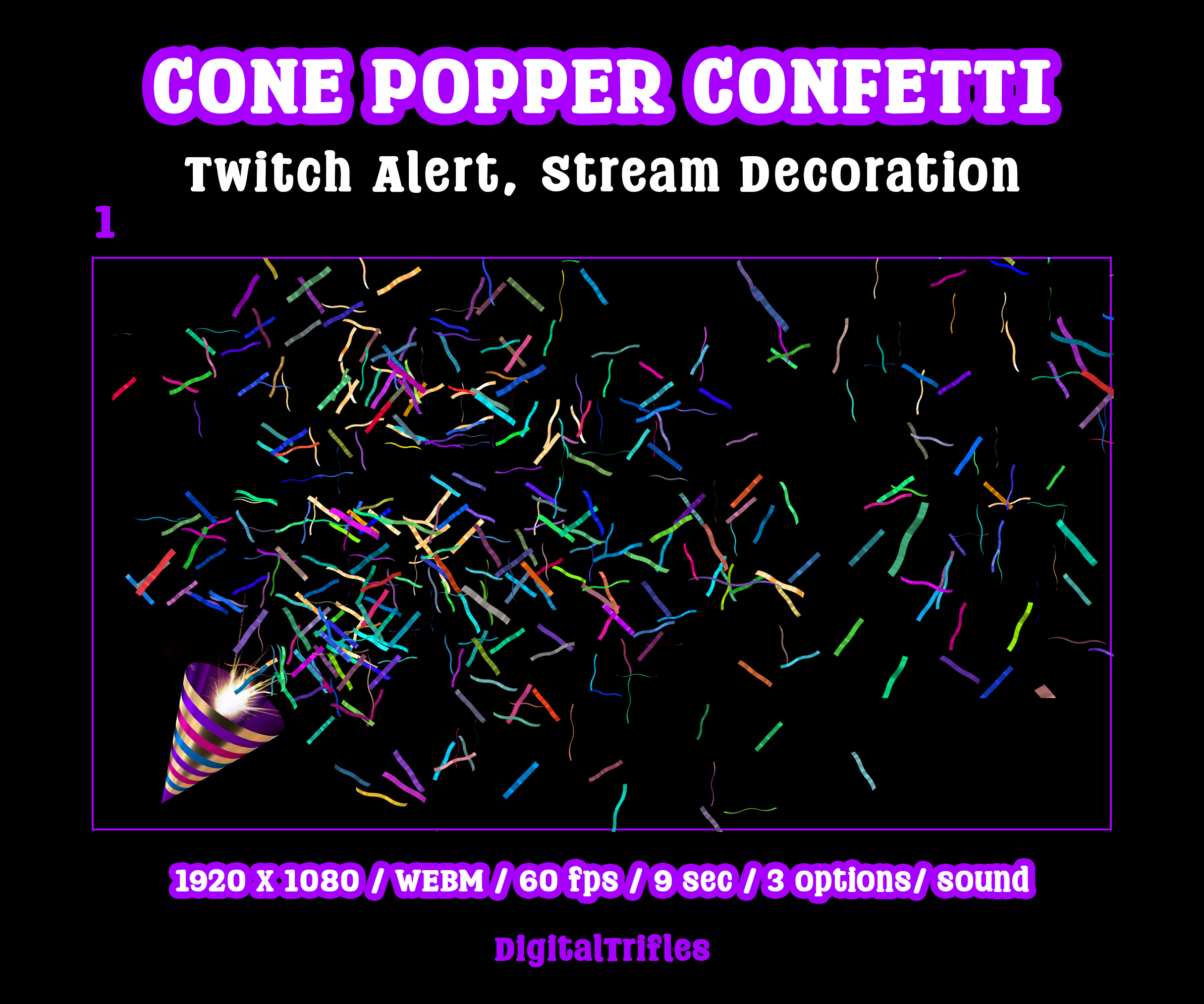 Animated confetti cannon stream alert for streamers and VTubers — WEBM with transparent background and sound, 3 layout options