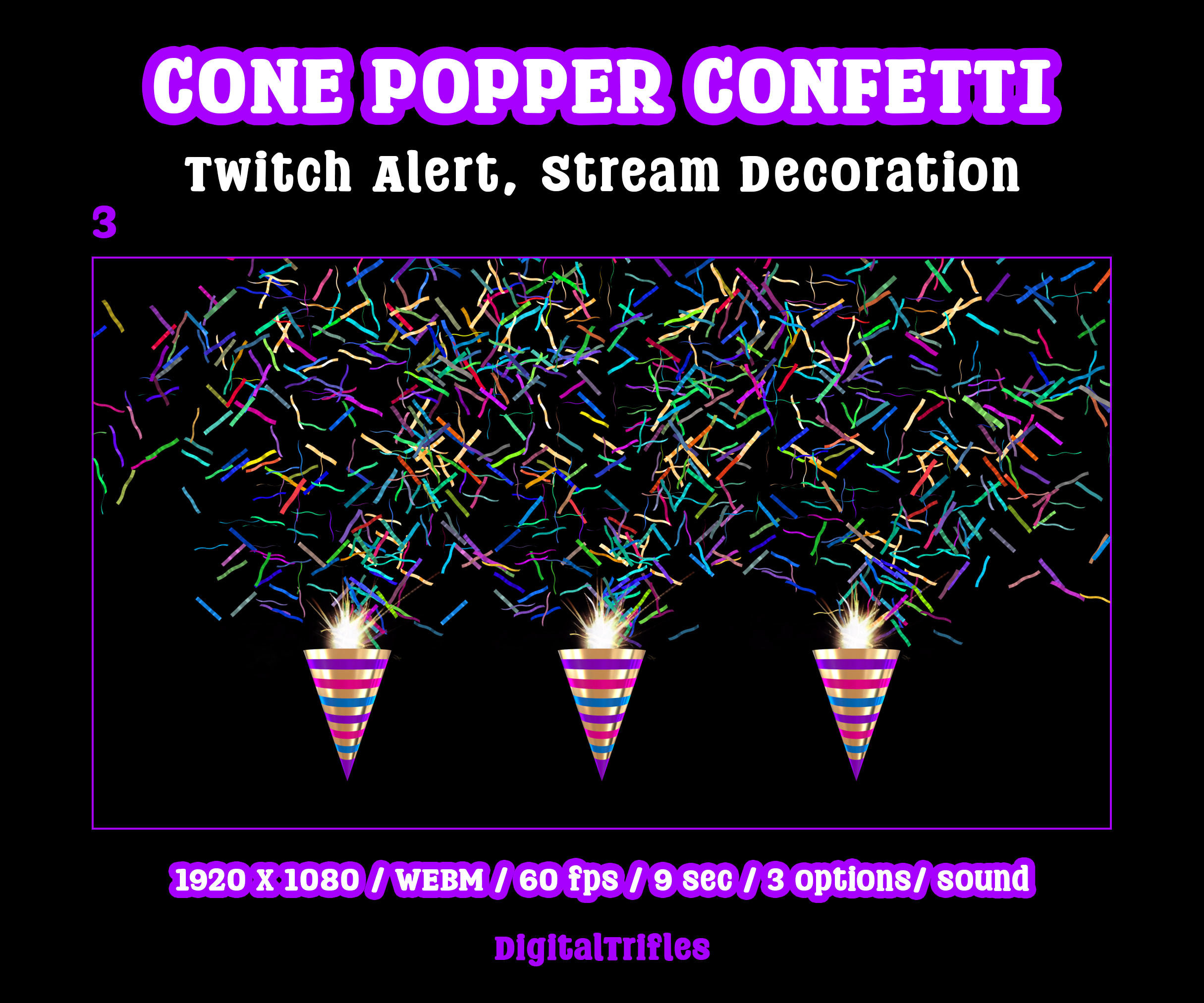 Animated confetti cannon stream alert for streamers and VTubers — WEBM with transparent background and sound, 3 layout options