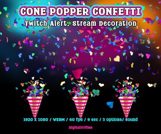 Animated confetti cannon Twitch alert for streamers and VTubers. Suitable for stream celebration moments such as raids, milestones, donations, or special stream events