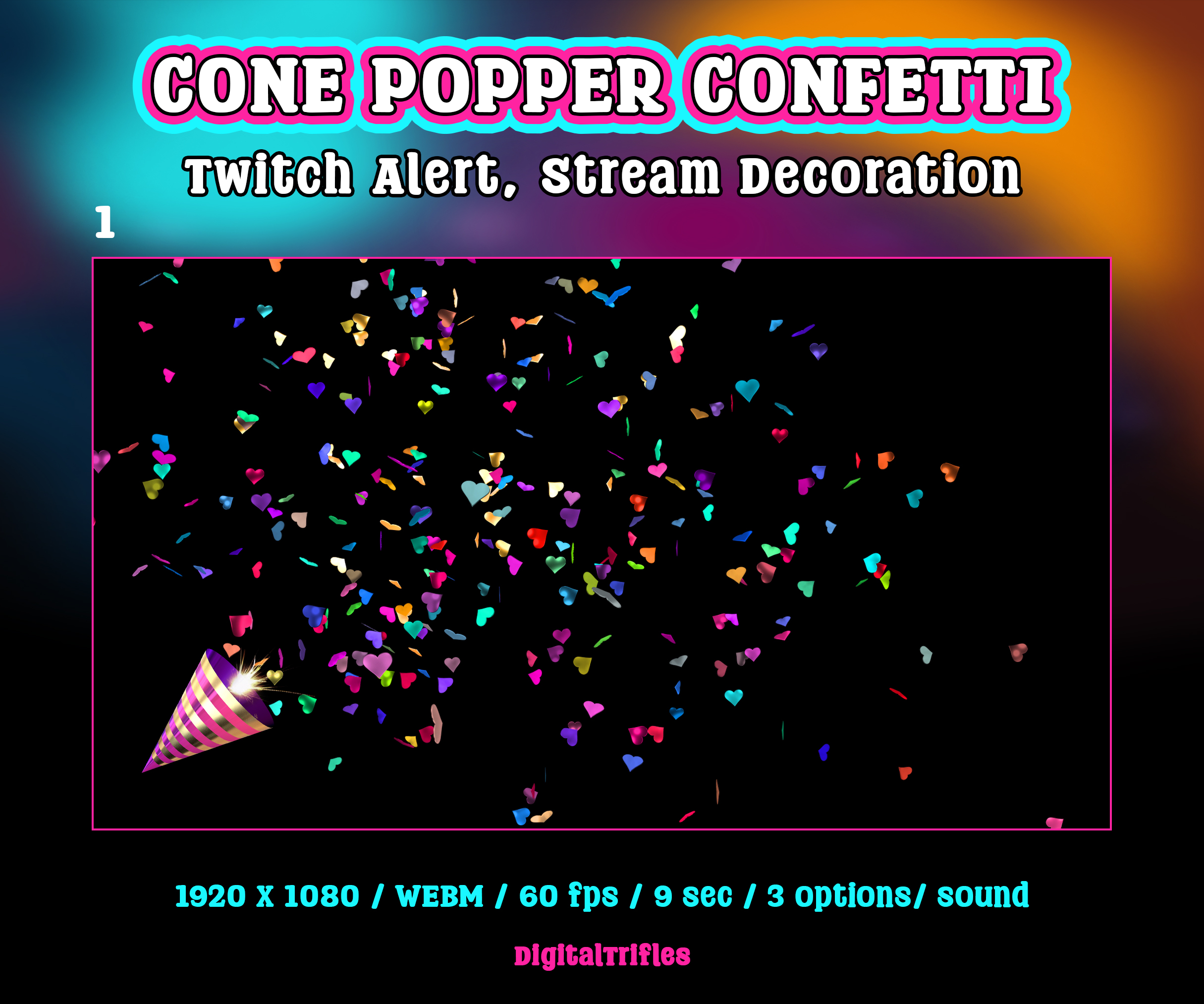 Animated confetti cannon Twitch alert for streamers and VTubers. Suitable for stream celebration moments such as raids, milestones, donations, or special stream events