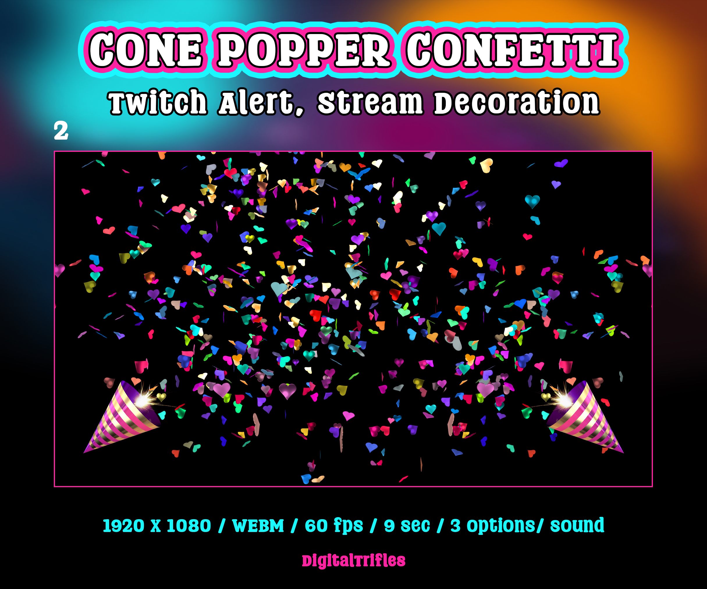 Animated confetti cannon Twitch alert for streamers and VTubers. Suitable for stream celebration moments such as raids, milestones, donations, or special stream events